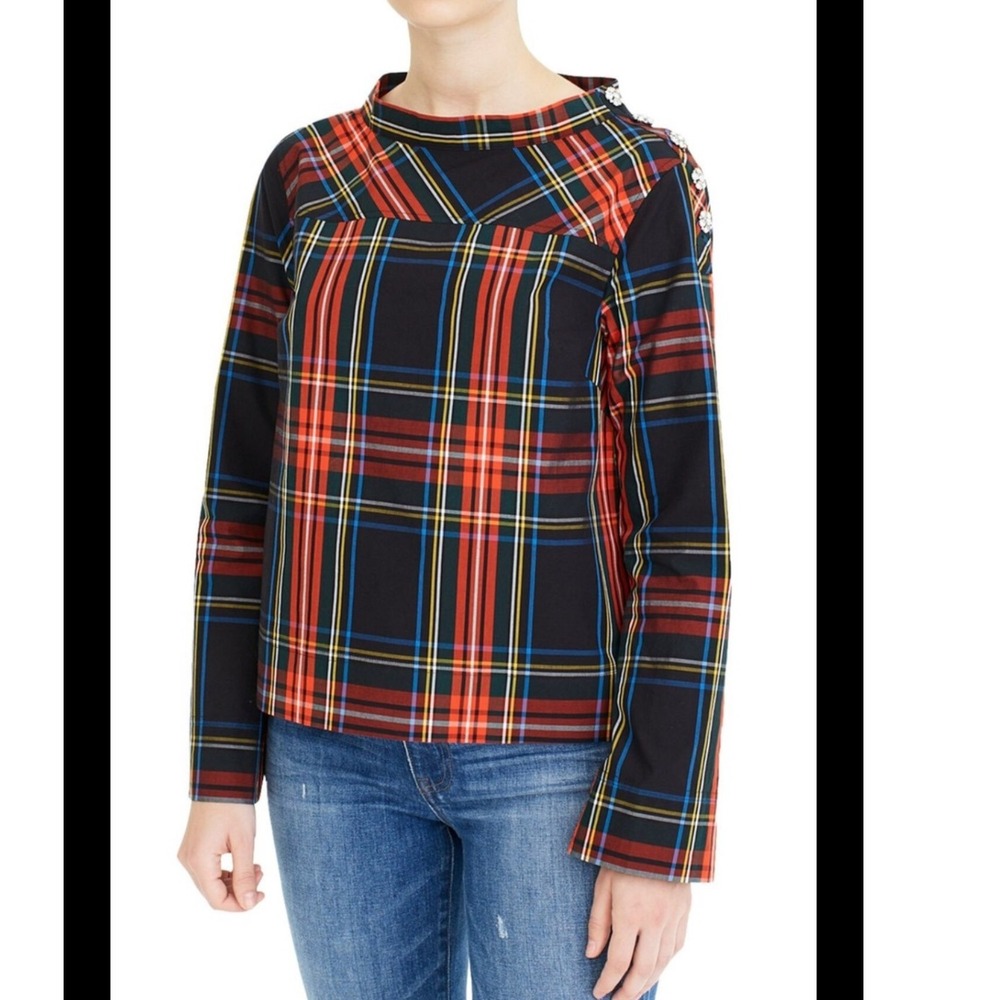 J. Crew Holiday Plaid Blouse Jewel Button Long Sleeve Top Women 4 Christmas
